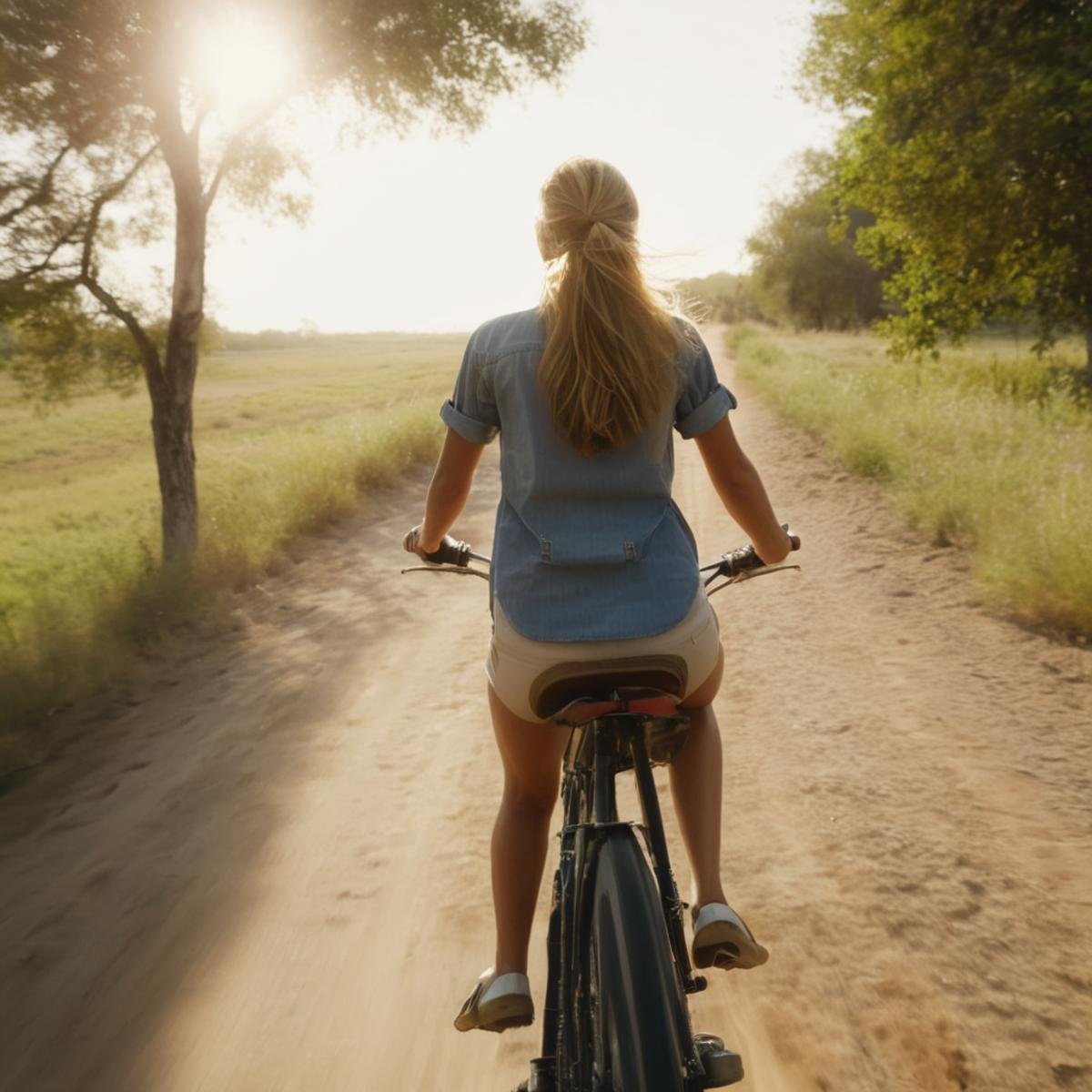 UHD, 4k, ultra detailed, cinematic, a photograph of  <lora:diffused light style:0.9>A Diffused light of a woman riding a bike on a dirt road,1girl,solo,long hair,shirt,outdoors,pants,from behind,tree,ground vehicle,scenery,bicycle , realistic, sharp, detailed, classic, 1970's light style, high-key light style, photography, artistic, perfection, diffusion, diffused, soft light, glow, bright, contrast, highlights, halo, glowing ambient light, colorful, cinematic, filmic, high quality photo, diffused light style, epic, beautiful lighting, inpsiring