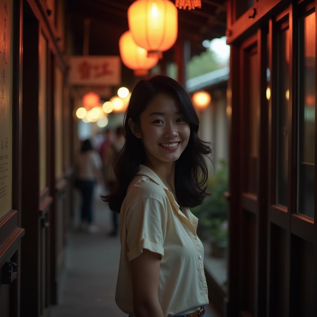 <lora:diffused light style v1:1>A Diffused light of a woman standing in a hallway with a smile on her face,1girl,looking at viewer,smile,black hair,outdoors,teeth,solo focus,looking back,grin,letterboxed,lantern,sign,paper lantern,people , realistic, sharp, detailed, classic, 1970's light style, high-key light style, photography, artistic, perfection, diffusion, diffused, soft light, glow, bright, contrast, highlights, halo, glowing ambient light, colorful, cinematic, filmic, high quality photo, diffused light style