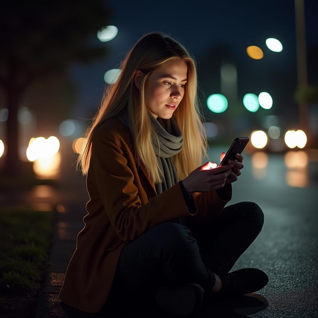 <lora:diffused light style v1:1>A Diffused light of a woman sitting on the ground looking at her phone,solo,long hair,blonde hair,holding,sitting,male focus,outdoors,pants,scarf,blurry,coat,night,depth of field,blurry background,facial hair,phone,cellphone,ground vehicle,motor vehicle,smartphone,holding phone,realistic,car,bokeh , realistic, sharp, detailed, classic, 1970's light style, high-key light style, photography, artistic, perfection, diffusion, diffused, soft light, glow, bright, contrast, highlights, halo, glowing ambient light, colorful, cinematic, filmic, high quality photo, diffused light style