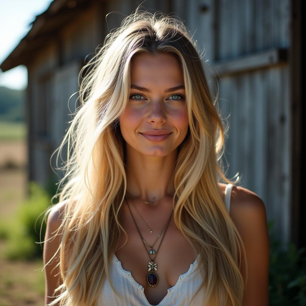 <lora:diffused light style v1:1>A Diffused light of a woman with long blonde hair standing in front of a barn,1girl,solo,long hair,looking at viewer,smile,blue eyes,blonde hair,jewelry,closed mouth,upper body,outdoors,day,necklace,blurry,lips,blurry background,messy hair,portrait,realistic , realistic, sharp, detailed, classic, 1970's light style, high-key light style, photography, artistic, perfection, diffusion, diffused, soft light, glow, bright, contrast, highlights, halo, glowing ambient light, colorful, cinematic, filmic, high quality photo, diffused light style