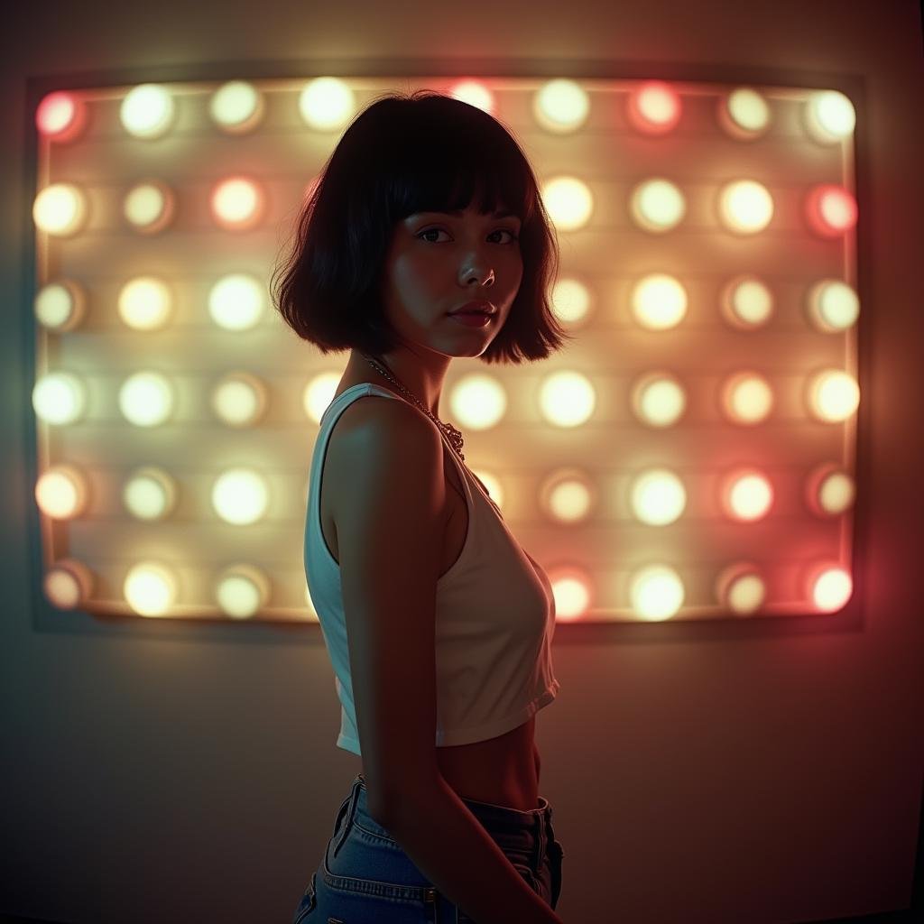 <lora:diffused light style v1:1>A Diffused light of a woman standing in front of a wall of lights,1girl,solo,looking at viewer,short hair,shirt,black hair,standing,sleeveless,pants,blurry,lips,blurry background,denim,jeans,realistic , realistic, sharp, detailed, classic, 1970's light style, high-key light style, photography, artistic, perfection, diffusion, diffused, soft light, glow, bright, contrast, highlights, halo, glowing ambient light, colorful, cinematic, filmic, high quality photo, diffused light style