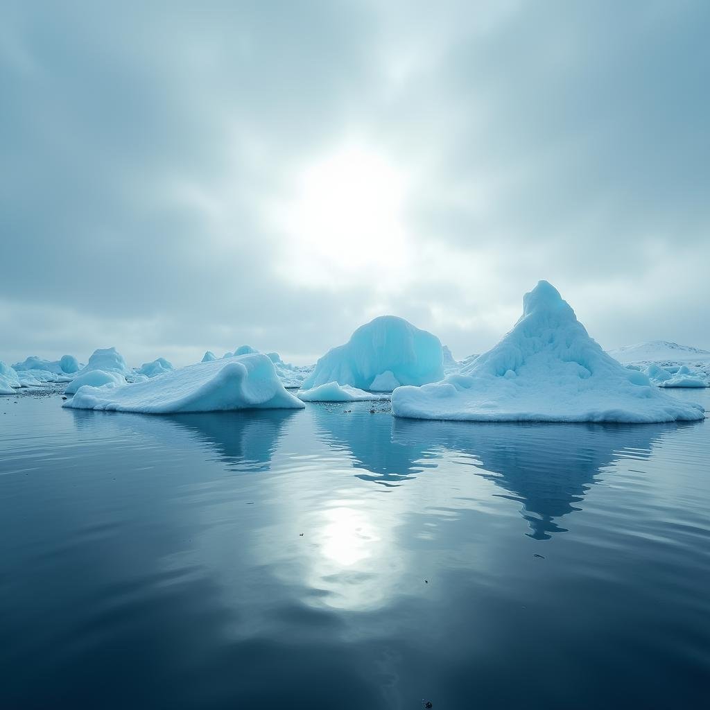 <lora:diffused light style v1:1>A Diffused light of a group of icebergs floating in the ocean,outdoors,sky,cloud,water,no humans,scenery,snow,reflection,ice,mountain,landscape,lake , realistic, sharp, detailed, classic, 1970's light style, high-key light style, photography, artistic, perfection, diffusion, diffused, soft light, glow, bright, contrast, highlights, halo, glowing ambient light, colorful, cinematic, filmic, high quality photo, diffused light style