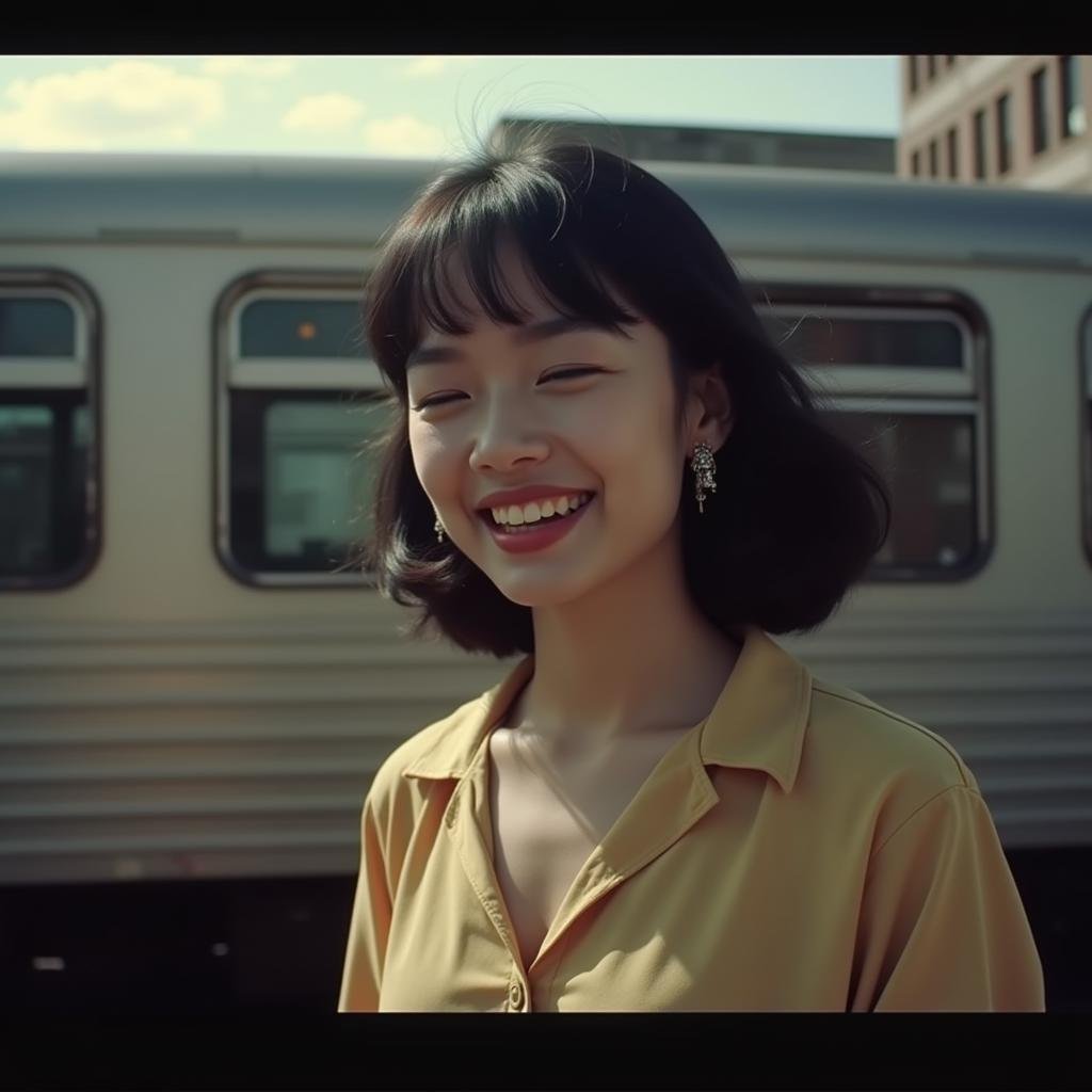 <lora:diffused light style v1:1>A Diffused light of a woman is standing in front of a train,1girl,solo,smile,open mouth,shirt,black hair,jewelry,closed eyes,upper body,earrings,outdoors,teeth,from side,profile,letterboxed,ground vehicle,building,motor vehicle,city,realistic,car , realistic, sharp, detailed, classic, 1970's light style, high-key light style, photography, artistic, perfection, diffusion, diffused, soft light, glow, bright, contrast, highlights, halo, glowing ambient light, colorful, cinematic, filmic, high quality photo, diffused light style