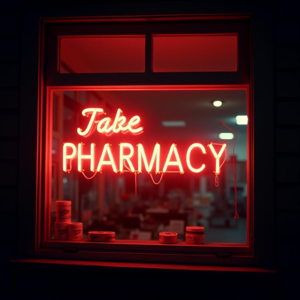 <lora:diffused light style v1:1>A Diffused light of a neon pharmacy sign in a window of a building,english text,no humans,scenery,dark , realistic, sharp, detailed, classic, 1970's light style, high-key light style, photography, artistic, perfection, diffusion, diffused, soft light, glow, bright, contrast, highlights, halo, glowing ambient light, colorful, cinematic, filmic, high quality photo, diffused light style