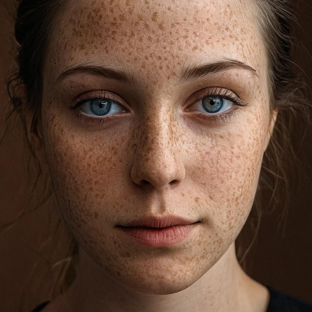 Hyperrealistic art of  <lora:skin texture style v4:0.9> very detailed skin pore perfectionA cinematic skin texture style still image of a woman with a black shirt and a brown and black shirt, detailed wrinkles, skin tags, perfect skin tone color, stretch marks, hyperrealism, realism, unrealengine, realistic, detailed skin pore, film still, still photography style, sharp style, detailed style, perfect style, perfection style, Kodak film skin color tone style, fujifilm skin tone color style, professional photography style, skin textured, skin texture style, perfect face, perfect mouth, perfect nose, perfect lips, perfect eyes, perfect ears, perfect skin, perfect skin pores, perfect body, perfect hair, very detailed skin pores, perfect skin texture style, solo, looking at viewer, blue eyes, black hair, 1boy, closed mouth, braid, male focus, portrait, brown background, 1girl, long hair, lips, freckles, photorealistic, skin pore, acne, mature woman, wife, Extremely high-resolution details, photographic, realism pushed to extreme, fine texture, incredibly lifelike