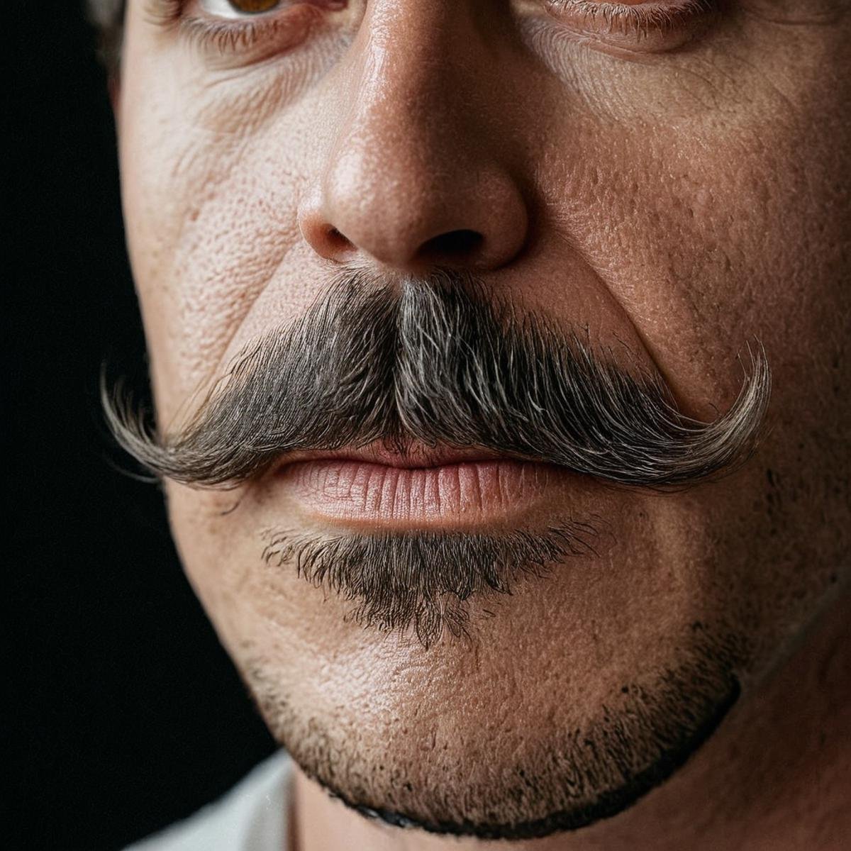 Hyperrealistic art of  <lora:skin texture style v4:0.9> very detailed skin pore perfectionA cinematic skin texture style still image of a man with a mustache and a moustache, detailed wrinkles, skin tags, perfect skin tone color, stretch marks, hyperrealism, realism, unrealengine, realistic, detailed skin pore, film still, still photography style, sharp style, detailed style, perfect style, perfection style, Kodak film skin color tone style, fujifilm skin tone color style, professional photography style, skin textured, skin texture style, perfect face, perfect mouth, perfect nose, perfect lips, perfect eyes, perfect ears, perfect skin, perfect skin pores, perfect body, perfect hair, very detailed skin pores, perfect skin texture style, solo, looking at viewer, 1boy, brown eyes, male focus, facial hair, portrait, beard, mustache, black hair, close-up, closed mouth, black background, photorealistic, renaissance, Extremely high-resolution details, photographic, realism pushed to extreme, fine texture, incredibly lifelike