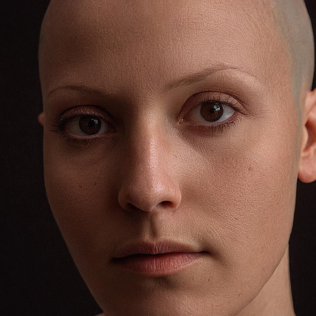 cinematic film still of  <lora:skin texture style v4:0.9> very detailed skin pore perfectionA cinematic skin texture style still image of a woman with a bald head and a shaved head, detailed wrinkles, skin tags, perfect skin tone color, stretch marks, hyperrealism, realism, unrealengine, realistic, detailed skin pore, film still, still photography style, sharp style, detailed style, perfect style, perfection style, Kodak film skin color tone style, fujifilm skin tone color style, professional photography style, skin textured, skin texture style, perfect face, perfect mouth, perfect nose, perfect lips, perfect eyes, perfect ears, perfect skin, perfect skin pores, perfect body, perfect hair, very detailed skin pores, perfect skin texture style, solo, looking at viewer, simple background, 1boy, closed mouth, male focus, black eyes, black background, portrait, bald, close-up, photorealistic, shallow depth of field, vignette, highly detailed, high budget, bokeh, cinemascope, moody, epic, gorgeous, film grain, grainy