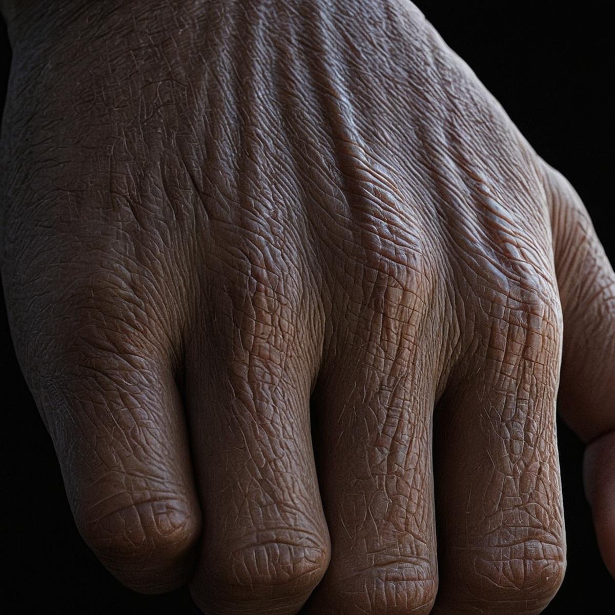 UHD, 4k, ultra detailed, cinematic, a photograph of  <lora:skin texture style v4:0.9> very detailed skin pore perfect hand focusA cinematic skin texture style still image of a hand is shown in the dark, detailed wrinkles, skin tags, perfect skin tone color, stretch marks, hyperrealism, realism, unrealengine, realistic, detailed skin pore, film still, still photography style, sharp style, detailed style, perfect style, perfection style, Kodak film skin color tone style, fujifilm skin tone color style, professional photography style, skin textured, skin texture style, perfect face, perfect mouth, perfect nose, perfect lips, perfect eyes, perfect ears, perfect skin, perfect skin pores, perfect body, perfect hair, very detailed skin pores, perfect skin texture style, simple background, 1boy, male focus, black background, close-up, solo, artist name, fingernails, dark-skinned male, out of frame, artist logo, photorealistic, hand focus, perfectly detailed hand, vines, epic, beautiful lighting, inpsiring