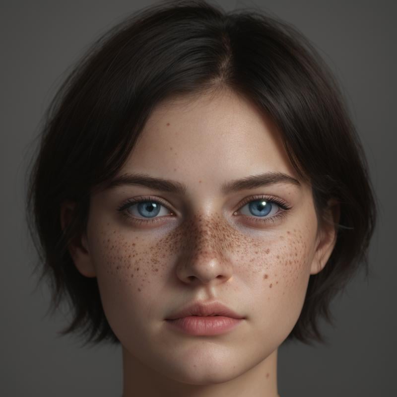 Hyperrealistic art of  <lora:skin texture style sd1.5 v1:1> very sharpA cinematic skin texture style still image of a woman with many freckles on her face and a white shirt, detailed skin pore, film still, still photography style, sharp style, detailed style, perfect style, perfection style, Kodak film skin tone style, fujifilm skin tone style, professional photography style, skin textured, skin texture style, solo, looking at viewer, blue eyes, simple background, 1boy, closed mouth, male focus, grey background, lips, portrait, close-up, freckles, realistic, black hair, short hair, photorealistic, Extremely high-resolution details, photographic, realism pushed to extreme, fine texture, incredibly lifelike