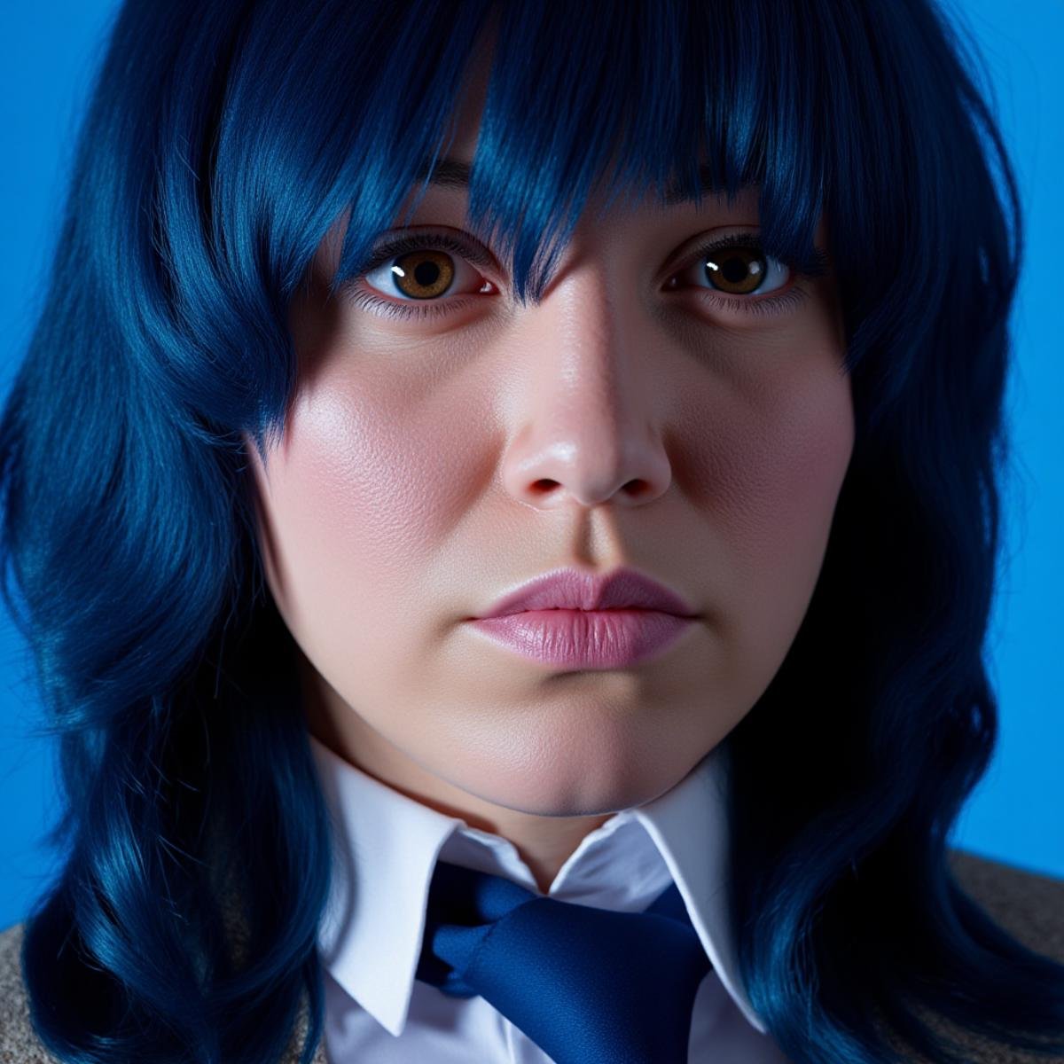 cinematic film still <lora:Technicolor style v1:0.8> <lora:hand v1:0.5> <lora:skin texture style v1:0.8> <lora:foot feet v1:0.5>A cinematic skin texture style still image of a woman with blue hair and a tie, detailed skin pore, film still, still photography style, sharp style, detailed style, perfect style, perfection style, Kodak film skin tone style, fujifilm skin tone style, professional photography style, skin textured, skin texture style, 1girl, solo, looking at viewer, black hair, brown eyes, closed mouth, mole, lips, eyelashes, blue background, portrait, close-up, blue theme, realistic, nose, long hair, blue hair, simple background, freckles, moonlight style, white light style, realistic skin style . shallow depth of field, vignette, highly detailed, high budget, bokeh, cinemascope, moody, epic, gorgeous, film grain, grainy