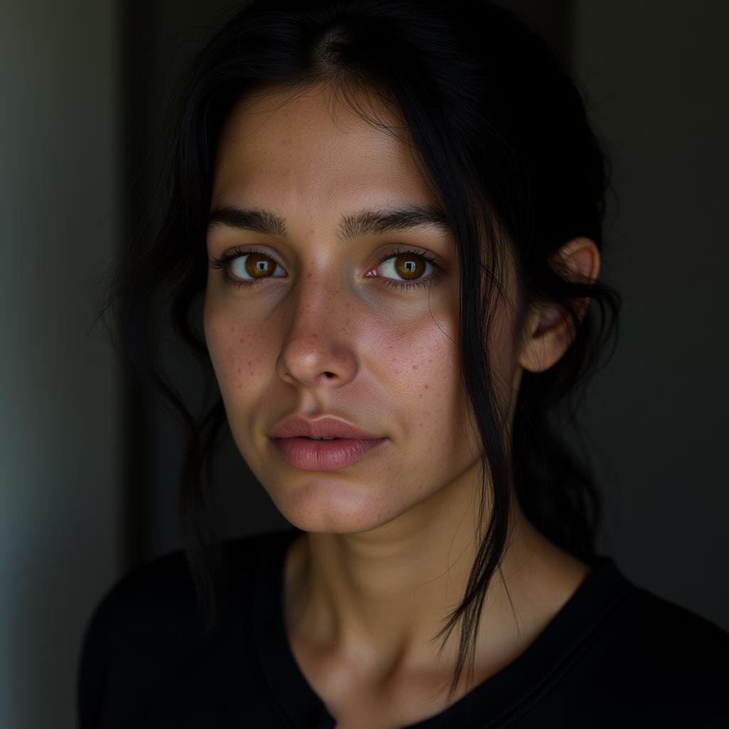 <lora:detailed skin pore style v2:1> Contrast:1A cinematic skin texture style still image of a woman with a black hair and a black shirt, detailed wrinkles, skin tags, perfect skin tone color, stretch marks, hyperrealism, realism, unrealengine, realistic, detailed skin pore, film still, still photography style, sharp style, detailed style, perfect style, perfection style, Kodak film skin color tone style, fujifilm skin tone color style, professional photography style, skin textured, skin texture style, perfect face, perfect mouth, perfect nose, perfect lips, perfect eyes, perfect ears, perfect skin, perfect skin pores, perfect body, perfect hair, very detailed skin pores, perfect skin texture style, 1girl, solo, looking at viewer, brown eyes, closed mouth, yellow eyes, lips, eyelashes, watermark, portrait, close-up, freckles, 1boy, male focus, scar, eye focus, black hair, photorealistic