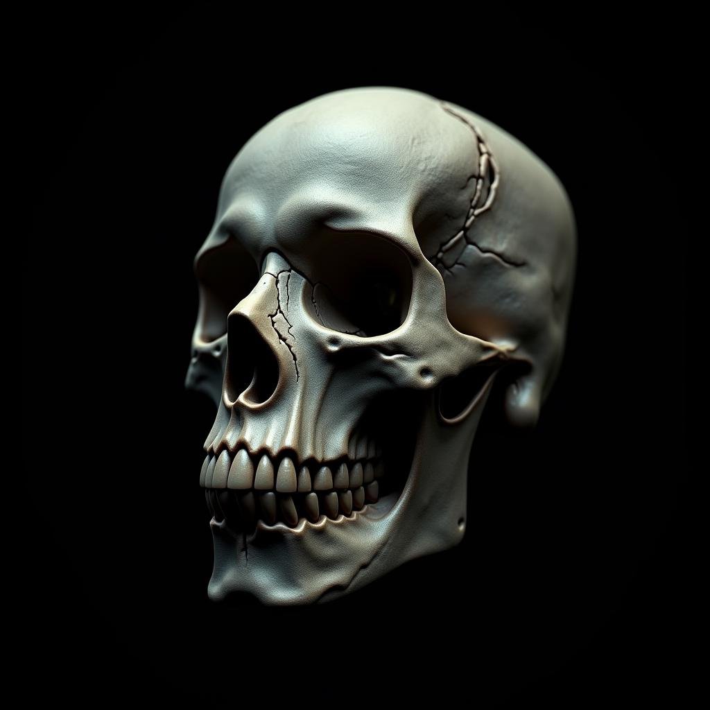 cinematic film still  <lora:detailed skin pore style v2:0.9> Contrast:1A cinematic skin texture style still image of a skull with a black background, detailed wrinkles, skin tags, perfect skin tone color, stretch marks, hyperrealism, realism, unrealengine, realistic, detailed skin pore, film still, still photography style, sharp style, detailed style, perfect style, perfection style, Kodak film skin color tone style, fujifilm skin tone color style, professional photography style, skin textured, skin texture style, perfect face, perfect mouth, perfect nose, perfect lips, perfect eyes, perfect ears, perfect skin, perfect skin pores, perfect body, perfect hair, very detailed skin pores, perfect skin texture style, simple background, no humans, animal, moon, black background, full moon, dog, dark, animal focus, horror (theme), solo, from side, what, traditional media, portrait, dramatic light shadow . shallow depth of field, vignette, highly detailed, high budget, bokeh, cinemascope, moody, epic, gorgeous, film grain, grainy