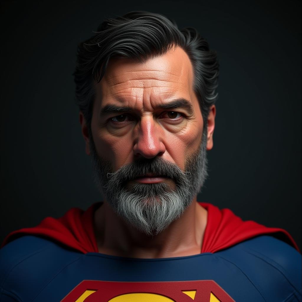 cinematic film still  <lora:detailed skin pore style v2:0.9> Contrast:1A cinematic skin texture style still image of a man with a beard and a superman shirt, detailed wrinkles, skin tags, perfect skin tone color, stretch marks, hyperrealism, realism, unrealengine, realistic, detailed skin pore, film still, still photography style, sharp style, detailed style, perfect style, perfection style, Kodak film skin color tone style, fujifilm skin tone color style, professional photography style, skin textured, skin texture style, perfect face, perfect mouth, perfect nose, perfect lips, perfect eyes, perfect ears, perfect skin, perfect skin pores, perfect body, perfect hair, very detailed skin pores, perfect skin texture style, solo, looking at viewer, shirt, black hair, 1boy, male focus, facial hair, beard, mustache, manly, short hair, cape, black eyes, red shirt, portrait, mature male, red cape, wrinkled skin, grey hair, superhero, photorealistic . shallow depth of field, vignette, highly detailed, high budget, bokeh, cinemascope, moody, epic, gorgeous, film grain, grainy