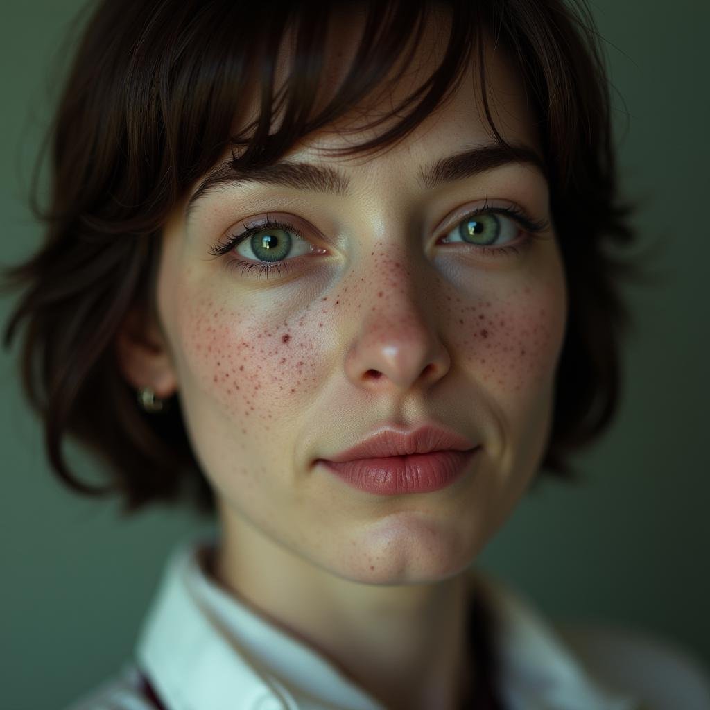 <lora:detailed photorealism style v3:1>detailed photorealism style, hyperrealism art style, realistic textures, photorealistic style, Hyperrealism (visual arts), A cinematic skin texture style still image of a woman with freckles on her face and a tie, detailed skin pore, film still, still photography style, sharp style, detailed style, perfect style, perfection style, Kodak film skin tone style, fujifilm skin tone style, professional photography style, skin textured, skin texture style, 1girl, solo, looking at viewer, short hair, green eyes, parted lips, teeth, blurry, lips, portrait, close-up, freckles, realistic, nose, brown hair, grey eyes, blue eyes, photorealistic, realistic style