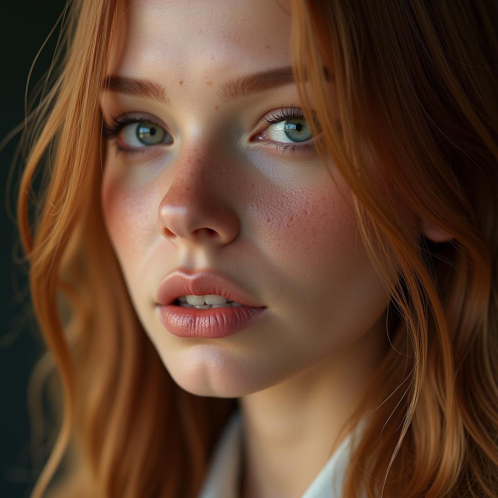 Hyperrealistic art of  <lora:detailed photorealism style v3:1>detailed photorealism style, hyperrealism art style, realistic textures, photorealistic style, Hyperrealism (visual arts), A cinematic skin texture style still image of a close up of a woman with balanced freckles on her face, detailed skin pore, film still, still photography style, sharp style, detailed style, perfect style, perfection style, Kodak film skin tone style, fujifilm skin tone style, professional photography style, skin textured, skin texture style, 1girl, solo, looking at viewer, blue eyes, blonde hair, parted lips, teeth, lips, eyelashes, scar, portrait, close-up, freckles, realistic, nose, eye focus, brown hair, orange hair, traditional media, long hair, realistic skin style, Extremely high-resolution details, photographic, realism pushed to extreme, fine texture, incredibly lifelike