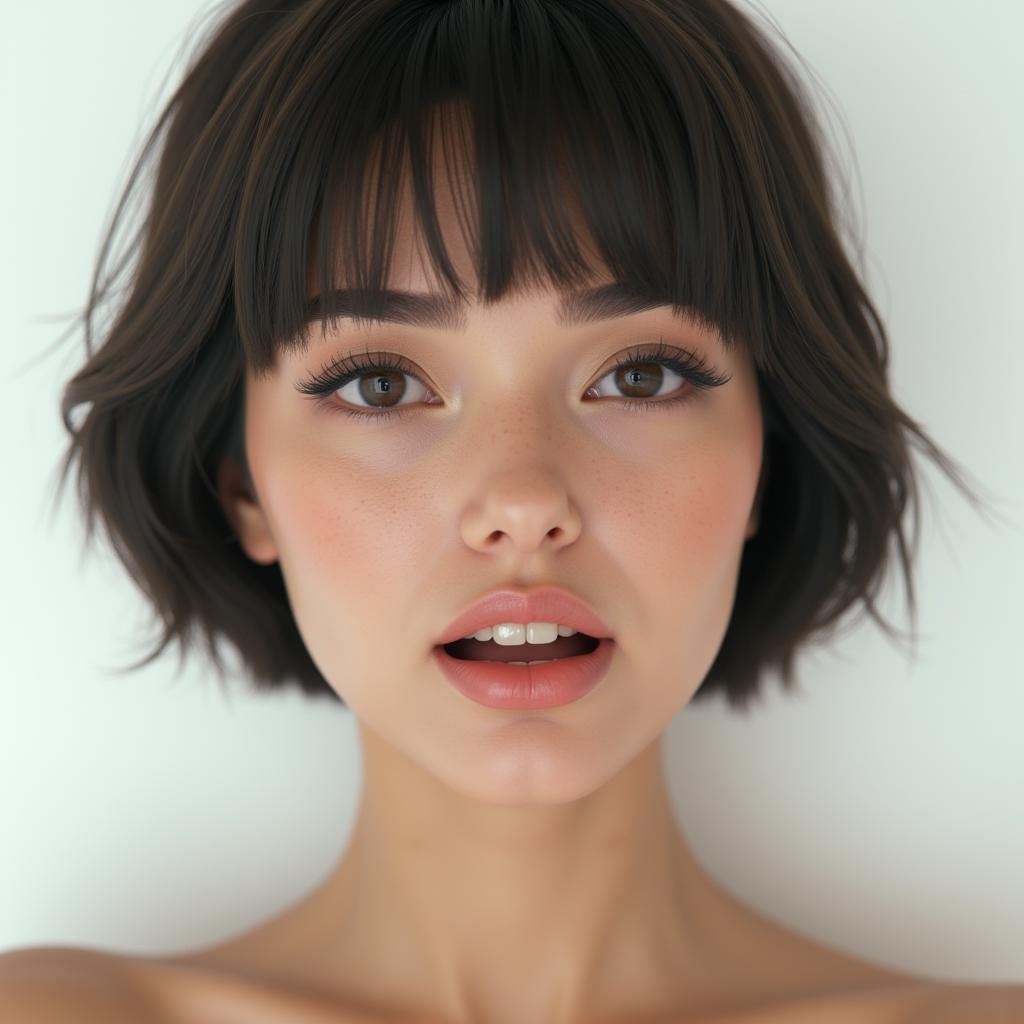 <lora:detailed photorealism style v3:1>detailed photorealism style, hyperrealism art style, realistic textures, photorealistic style, Hyperrealism (visual arts), A cinematic skin texture style still image of a woman with a very big breast is looking at the camera, detailed skin pore, film still, still photography style, sharp style, detailed style, perfect style, perfection style, Kodak film skin tone style, fujifilm skin tone style, professional photography style, skin textured, skin texture style, 1girl, solo, looking at viewer, short hair, open mouth, simple background, brown hair, black hair, white background, brown eyes, parted lips, teeth, mole, lips, portrait, realistic, nose, traditional media, 1boy, male focus, caucasian skin, photorealistic, caucasian skin, realistic skin style