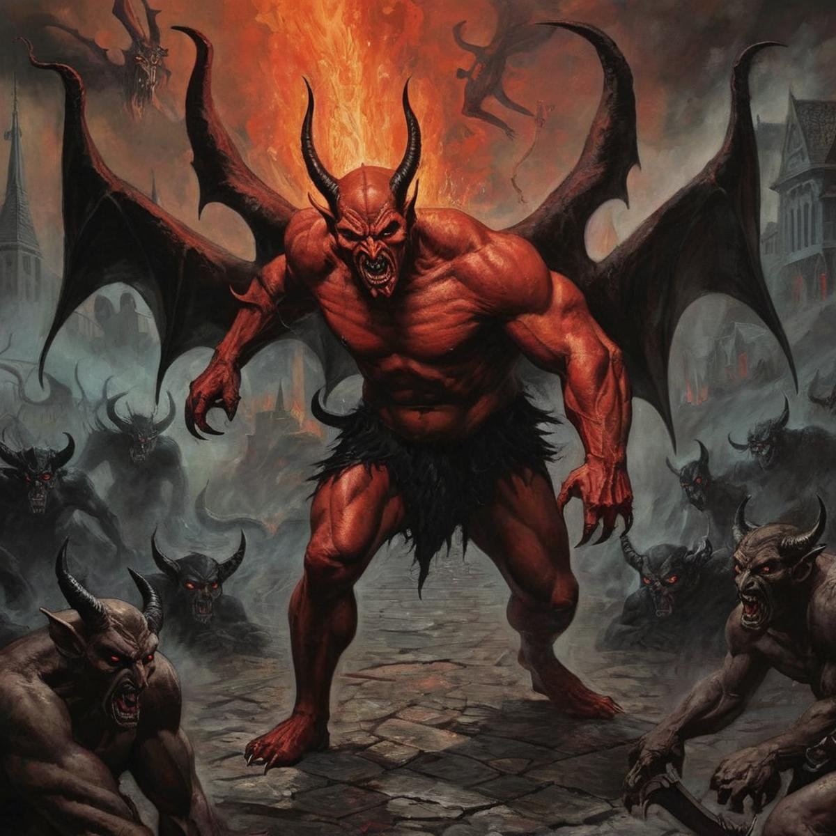 Dark Fantasy Art of  <lora:Dark Art Painting Style:1>a painting of a giant devil naked man with a demon on his back and demons on ground staring to the camera dark art painting style, dark, moody, dark fantasy style