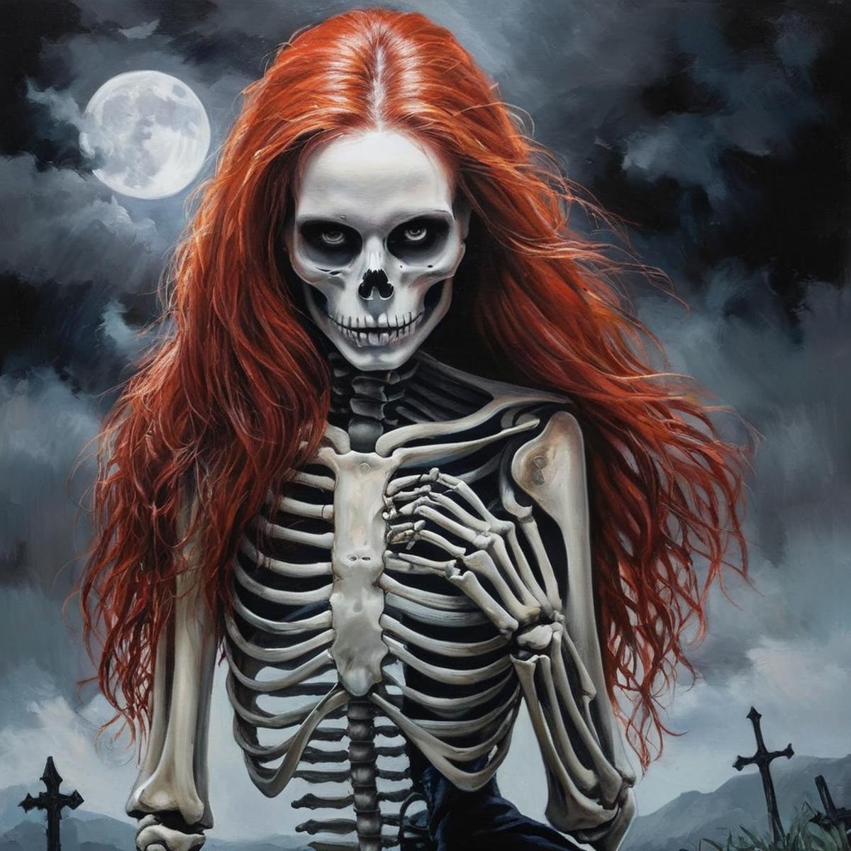 Dark Fantasy Art of  <lora:Dark Art Painting Style:1>a painting of a skeleton woman with long red hair dark art painting style, dark, moody, dark fantasy style