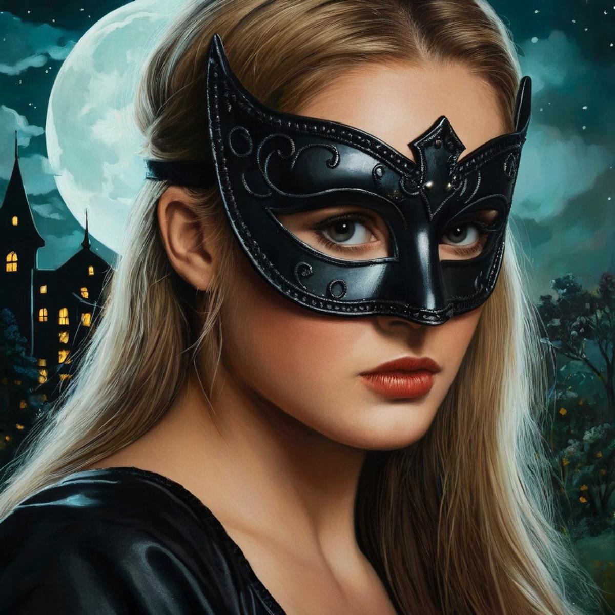 Dark Fantasy Art of  <lora:Dark Art Painting Style:1>a closeup of a painting of a woman with a mask on staring up at something dark art painting style, dark, moody, dark fantasy style