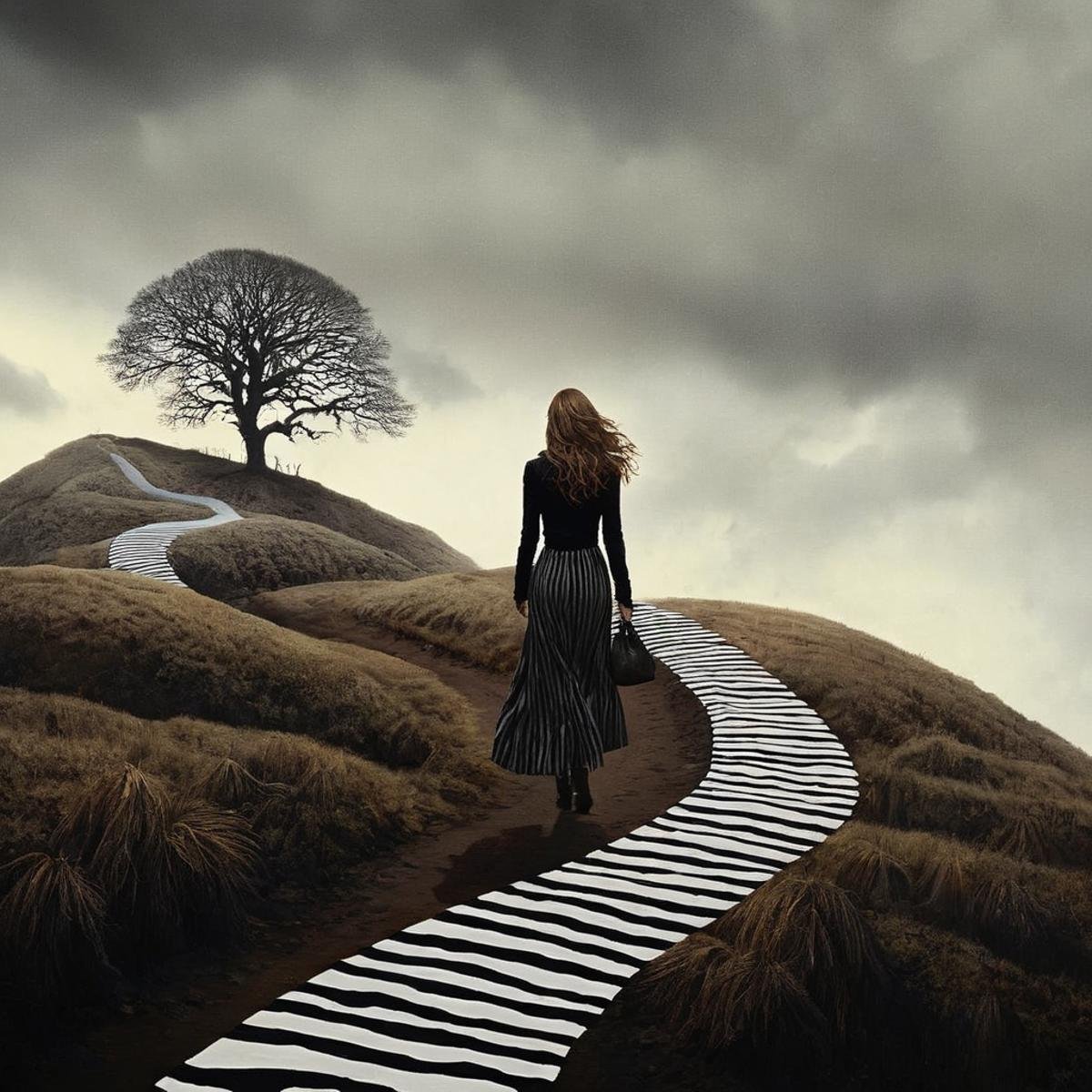 Dark Fantasy Art of  <lora:Dark Art Painting Style:1>a painting of a woman walking down a striped hill dark art painting style, dark, moody, dark fantasy style