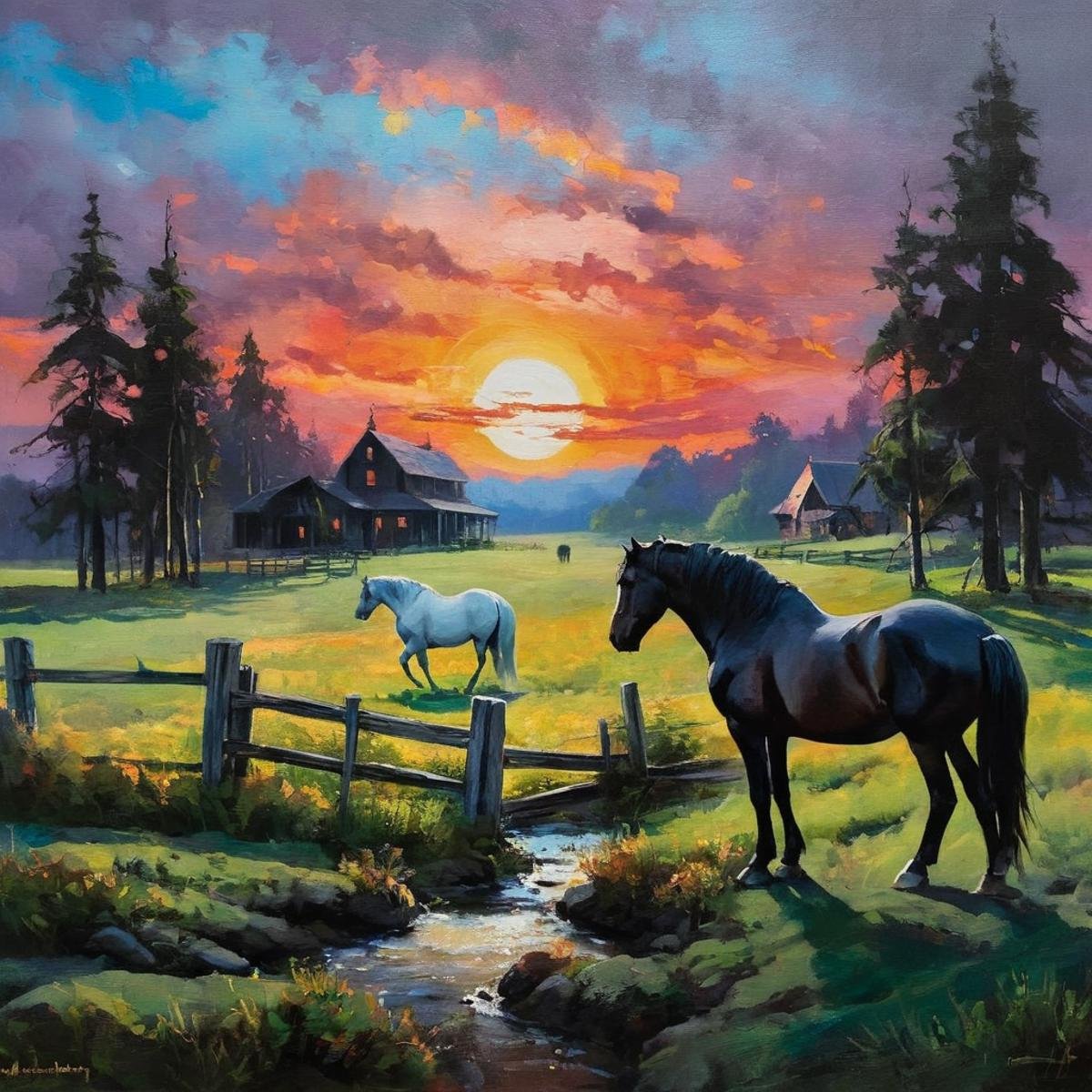 Dark Fantasy Art of  <lora:Dark Art Painting Style:0.9>a landscape painting of a sunset with horses in a field dark art painting style, dark, moody, dark fantasy style