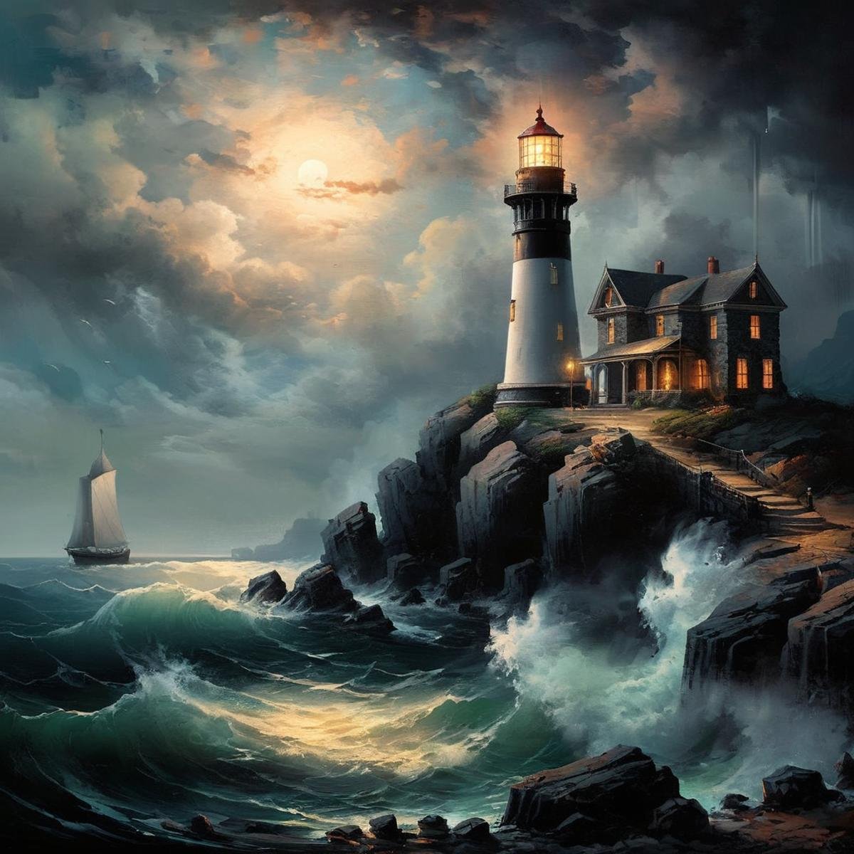 Dark Fantasy Art of  <lora:Dark Art Painting Style:1>a landscape painting of a lighthouse on a rocky shore dark art painting style, dark, moody, dark fantasy style