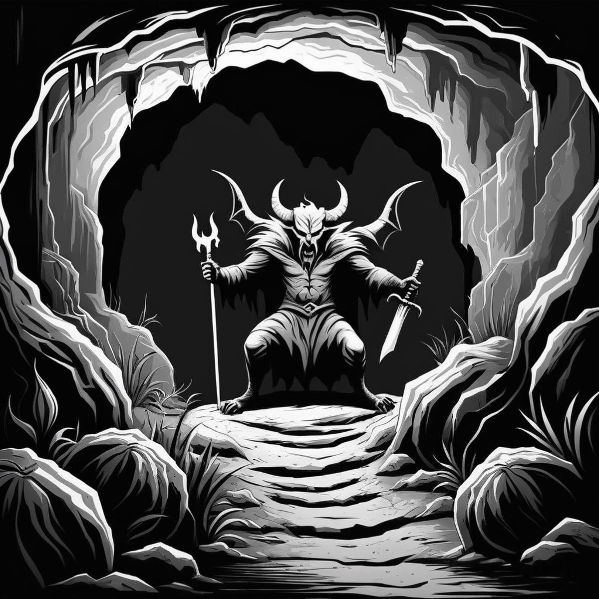 Dark Fantasy Art of  <lora:Dark Art Painting Style:1>a black and white drawing of a devil in a cave in hell dark art painting style, dark, moody, dark fantasy style