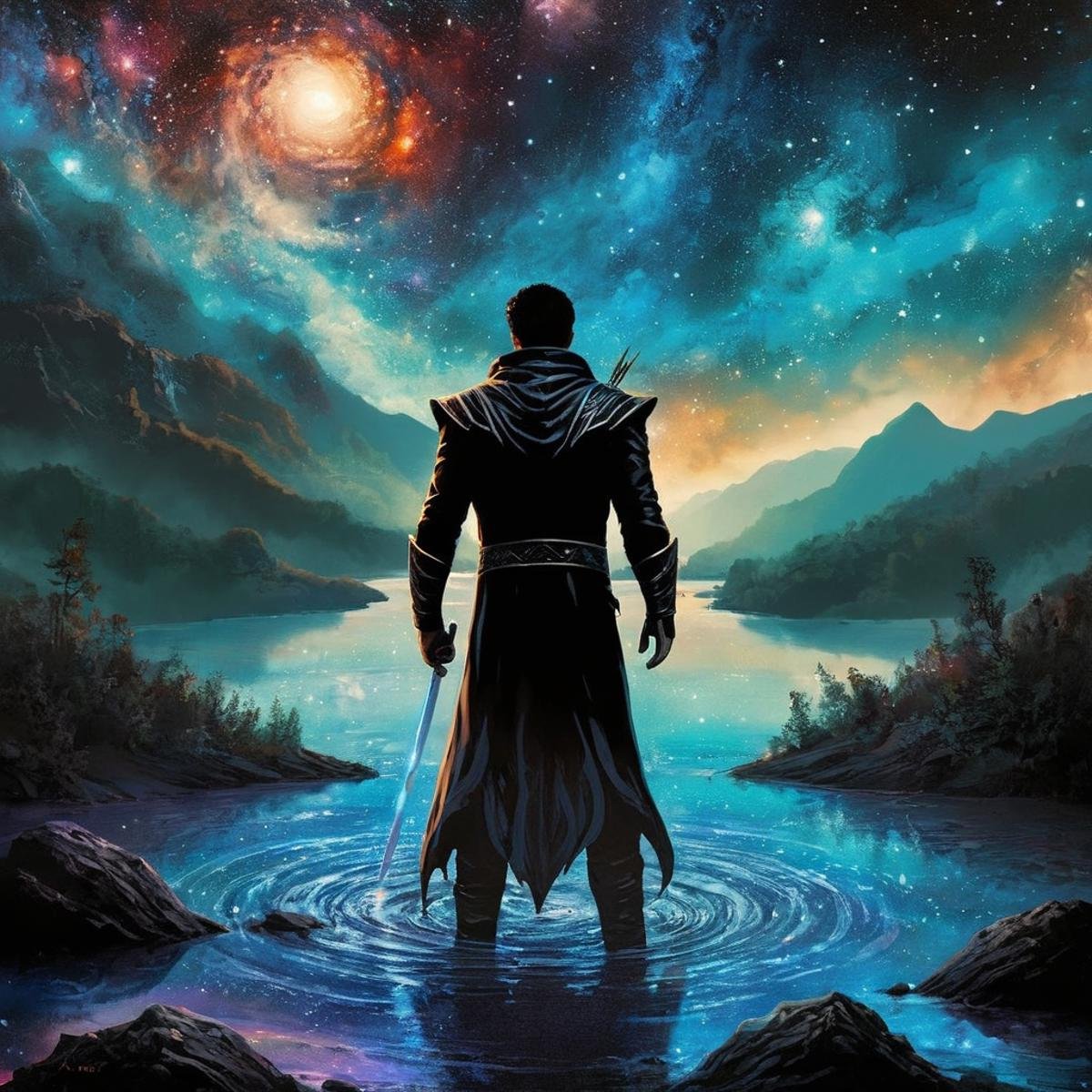 Dark Fantasy Art of  <lora:Dark Art Painting Style:0.9>a man standing in the middle of a galaxy river dark art painting style, dark, moody, dark fantasy style