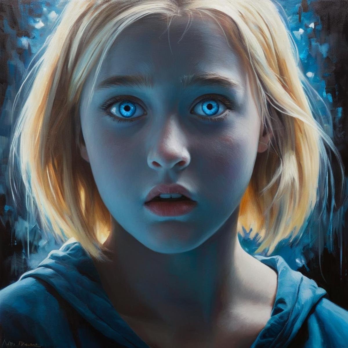 Dark Fantasy Art of  <lora:Dark Art Painting Style:0.9>an horror painting of a young girl with blonde hair and blue eyes staring in surprise fear at camera dark art painting style, dark, moody, dark fantasy style