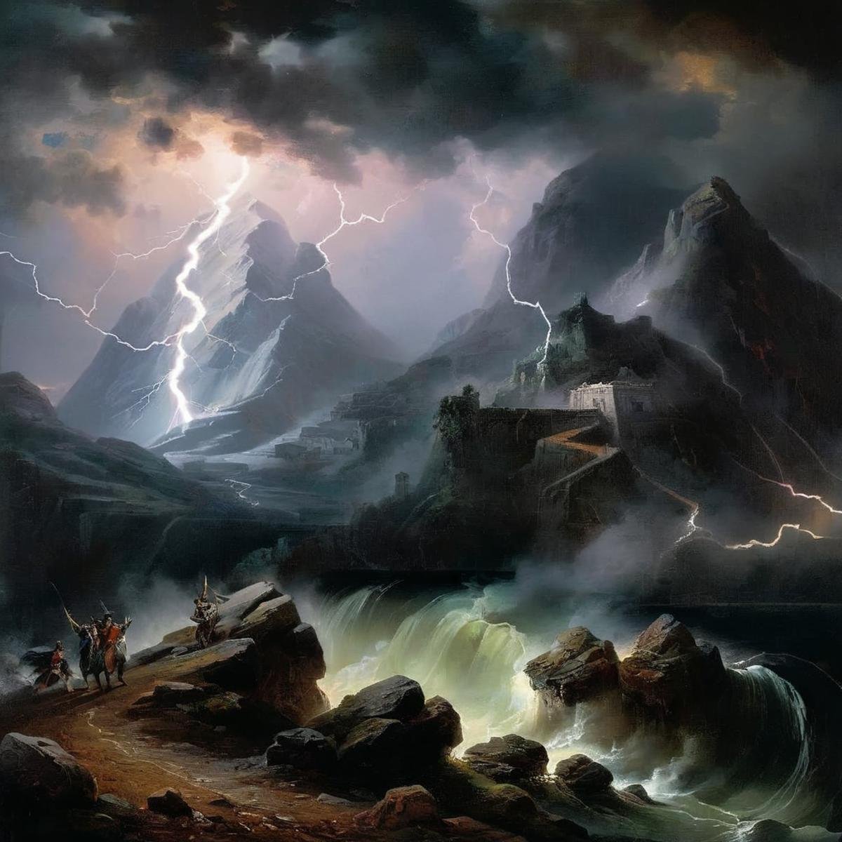 Dark Fantasy Art of  <lora:Dark Art Painting Style:1>a painting of a mountain with a lightning dark art painting style, dark, moody, dark fantasy style