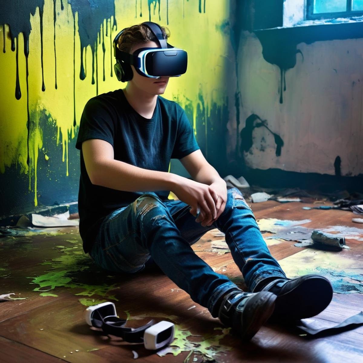 Dark Fantasy Art of  <lora:Dark Art Painting Style:1>a teen boy with glowing vr goggles sitting on the floor in a room with peeling paint dark art painting style, dark, moody, dark fantasy style