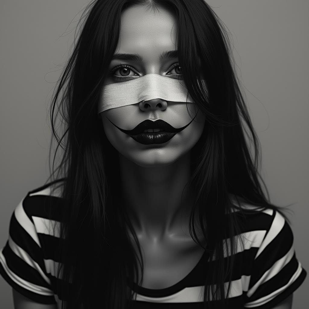 Conceptual Art of  <lora:dark art movement style v1:1>In dark art movement style, Macabre painting, sharp detailed cinematic art style, horror themed art style, gothic themed art style, a horror painting of a woman with a bandage on her face and a joker lips dark art painting style, 1girl, solo, long hair, shirt, closed mouth, upper body, monochrome, short sleeves, greyscale, striped clothes, striped shirt, realistic, concept art