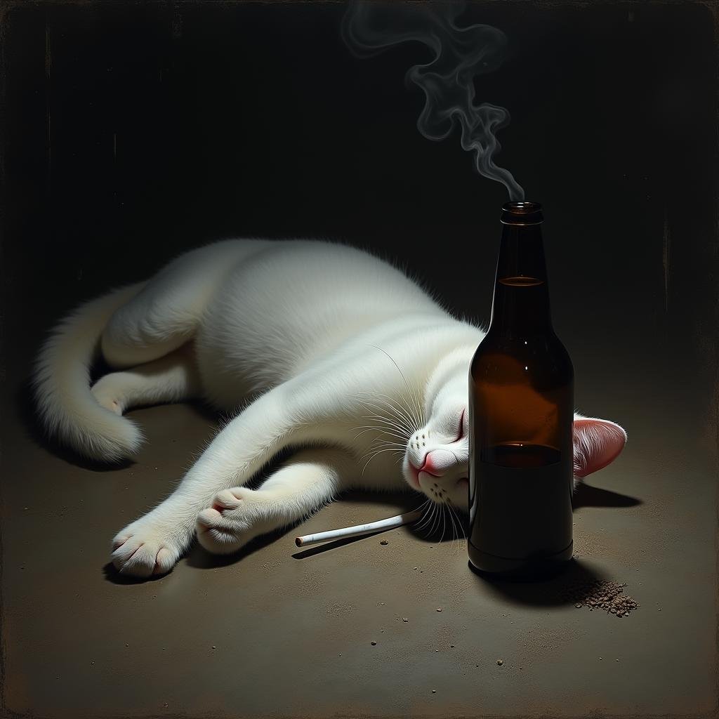 <lora:dark art movement style v1:1>In dark art movement style, Macabre painting, sharp detailed cinematic art style, horror themed art style, gothic themed art style, a white cat laying on the ground next to a bottle of beer and a cigarette in it's mouth dark art painting style, lying, no humans, on side, cat, sleeping, bottle, alcohol, photo background, beer bottle