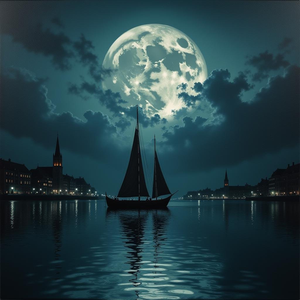 Gothic style,  <lora:dark art movement style v1:1> <lora:detailed photorealism style v3:1>In dark art movement style, Macabre painting, sharp detailed cinematic art style, horror themed art style, gothic themed art style, a landscape painting of a boat in a body of water dark art painting style, 1girl, outdoors, sky, cloud, water, night, moon, cloudy sky, building, night sky, scenery, full moon, reflection, city, watercraft, boat, Dark, mysterious, haunting, dramatic, ornate, detailed