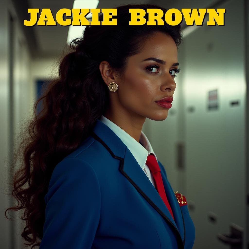 <lora:text title style v1:1>A perfect text title of an air hostess woman in a blue jacket and a red tie and yellow text title says, Jackie Brown, movie themed, sharp, detailed, epic cinematic image, artistic style, creative style, perfection, cinematic style, detailed text style, Kodak, 35 mm film style, widescreen, cinematography technique style, Hollywood movie title style, perfect text title style, 1girl, solo, long hair, brown hair, black hair, jewelry, jacket, upper body, earrings, dark skin, from side, english text, dark-skinned female, profile, parody, curly hair, Jackie Brown text yellow