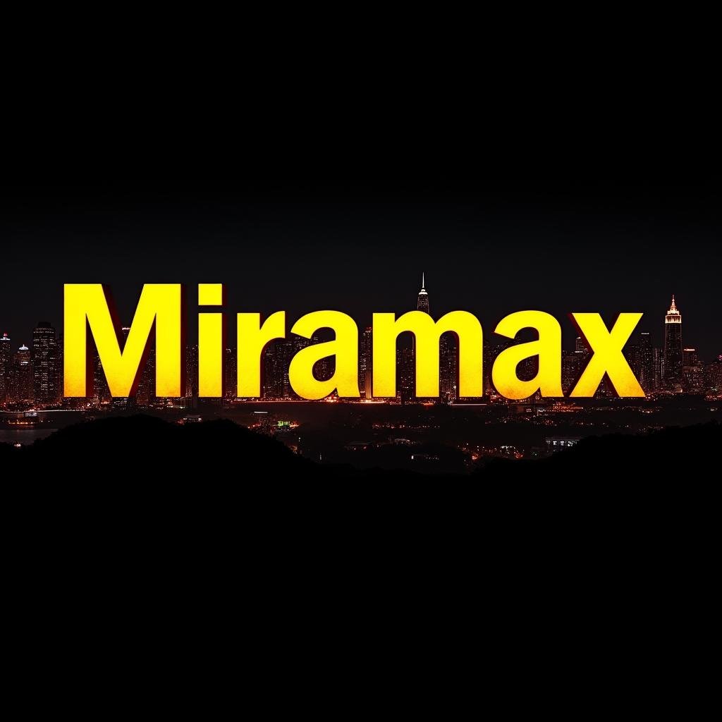 <lora:text title style v1:1>A perfect text title of a city skyline with a large yellow text that reads Miramax, movie themed, sharp, detailed, epic cinematic image, artistic style, creative style, perfection, cinematic style, detailed text style, Kodak, 35 mm film style, widescreen, cinematography technique style, Hollywood movie title style, perfect text title style, english text, no humans, copyright name, night, fire, black background, building, city, text focus, cityscape, castle, tower, scenery, dark, city lights