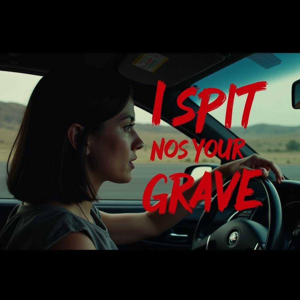 <lora:text title style v1:1>A perfect text title, says, "I spit on your grave", in red, with a woman driving a car, movie themed, sharp, detailed, epic cinematic image, artistic style, creative style, perfection, cinematic style, detailed text style, Kodak, 35 mm film style, widescreen, cinematography technique style, Hollywood movie title style, perfect text title style, 1girl, solo, black hair, from side, english text, profile, ground vehicle, motor vehicle, reflection, realistic, car, short hair, 1boy, male focus, driving, car interior, photorealistic