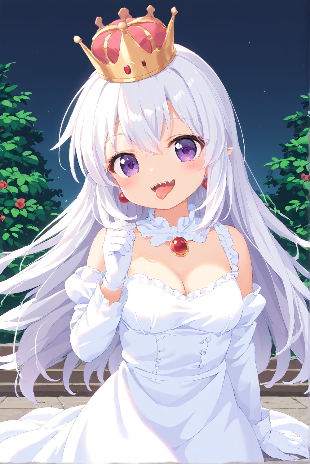 score_9_up, score_8_up, score_7_up, source_anime, 1girl, beautiful detailed eyes, ((masterpiece,best quality)), absurdres, solo, Boosette, fang, sharp teeth, sticking out her tongue, public indecency, degenerate face, lewd face, (crown:1.1), long hair, white hair, purple eyes, white dress, long sleeves, white gloves, smile, curvy, head tilt
