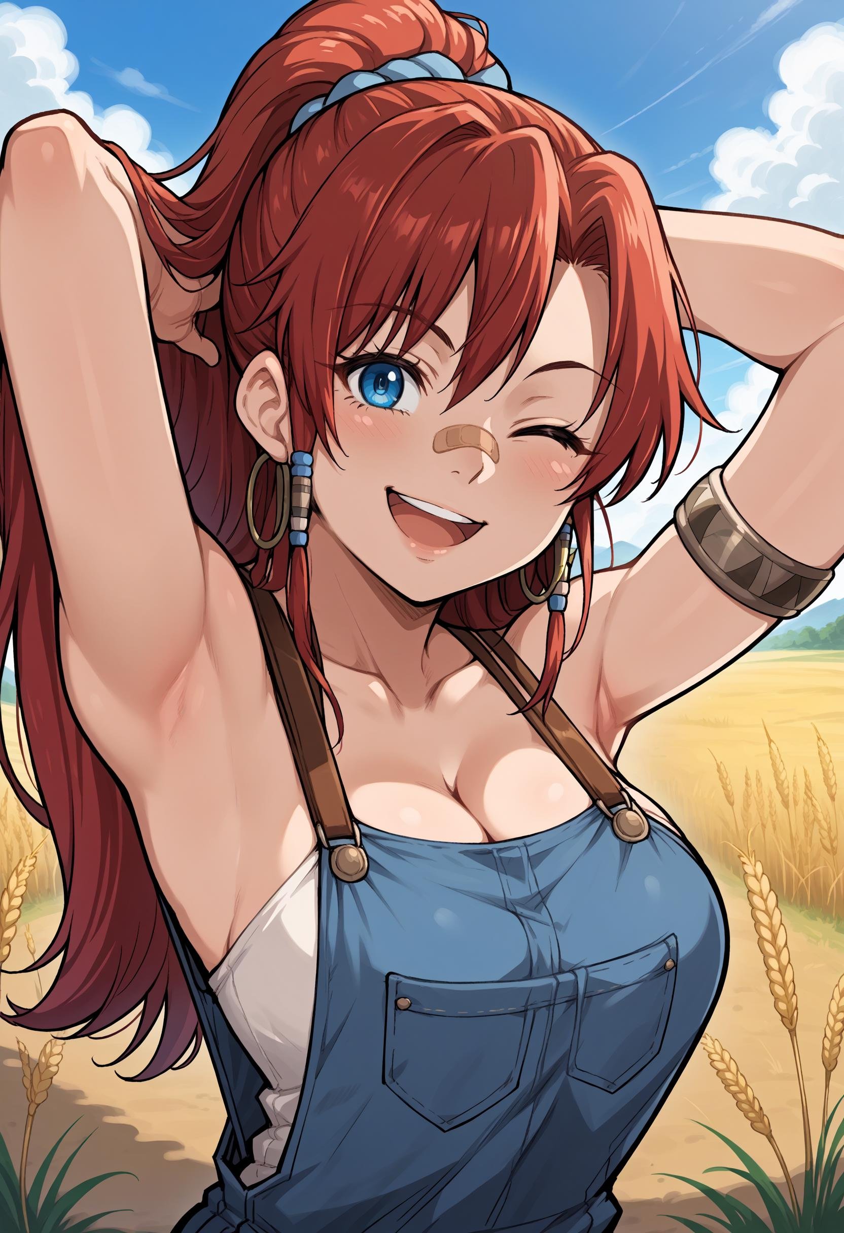 score_9, score_8_up,score_7_up, source_anime, 1girl, solo, bsng, large breasts, long hair, red hair, blue eyes, ponytail,jewelry, hoop earrings, armlet, blue scrunchie, hair beads,one eye closed, armpits, blue overalls, bandaid on face, cleavage, looking at viewer, shadow, smile, ;d, collarbone, upper body, v, open mouth, arms behind head, arms up, blush, tank top, outdoors, wheat field, sunset,<lora:bllws_pdxl_EliPot:1>