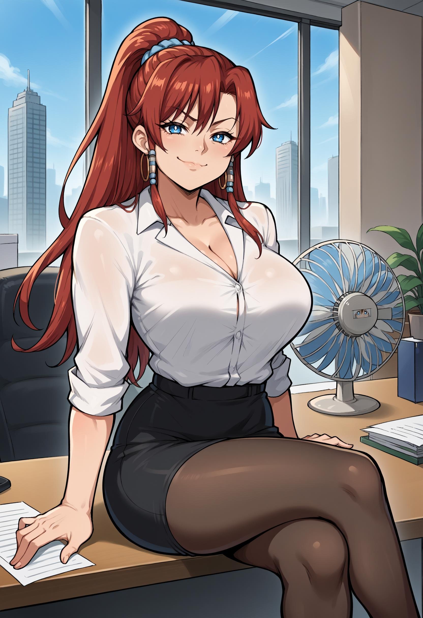 score_9, score_8_up,score_7_up, source_anime, 1girl, solo, bsng, large breasts, long hair, red hair, blue eyes, ponytail,jewelry, hoop earrings, armlet, blue scrunchie, hair beads,office lady, black pantyhose looking at viewer, smug, toned, sitting, crossed legs, sitting on table, indoors, office, window, cityscape, electric fan, <lora:bllws_pdxl_EliPot:1>