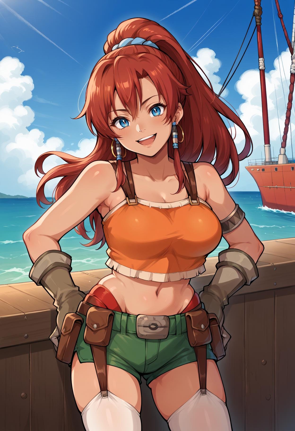 score_9, score_8_up,score_7_up, source_anime, 1girl, solo, outfitbllws, large breasts, long hair, red hair, blue eyes, ponytail,jewelry, hoop earrings, armlet, blue scrunchie, hair beads,tank top, orange shirt, crop top, green shorts, brown gloves, white thighhighs, short shorts, garter straps, tan, belt, belt pouch, red panties, taut clothes, taut shirt,midriff, navel, bare shoulders,standing, hands on own hips, smile, upper teeth only, outdoors, ocean, ship, standing on a container ship<lora:bllws_pdxl_EliPot:1>