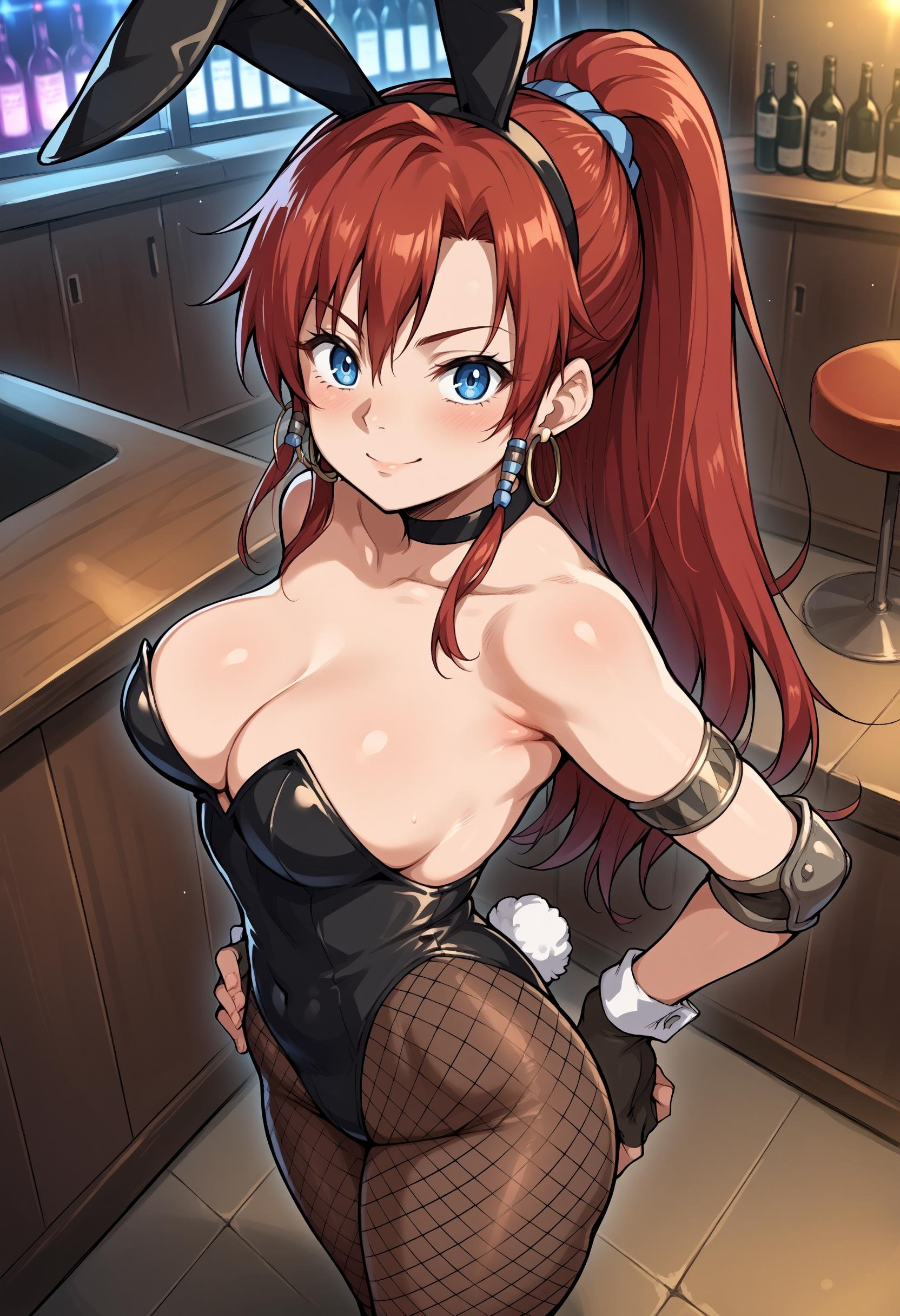 score_9, score_8_up,score_7_up, source_anime, 1girl, solo, bsng, large breasts, long hair, red hair, blue eyes, ponytail,jewelry, hoop earrings, armlet, blue scrunchie, hair beads,black choker, black leotard, elbow pads, fingerless gloves, playboy bunny, black pantyhose, fishnet pantyhose, fake animal ears, looking at viewer, blush, smile, hands on hips, leaning back, indoors, nightclub, side view, from above<lora:bllws_pdxl_EliPot:1>