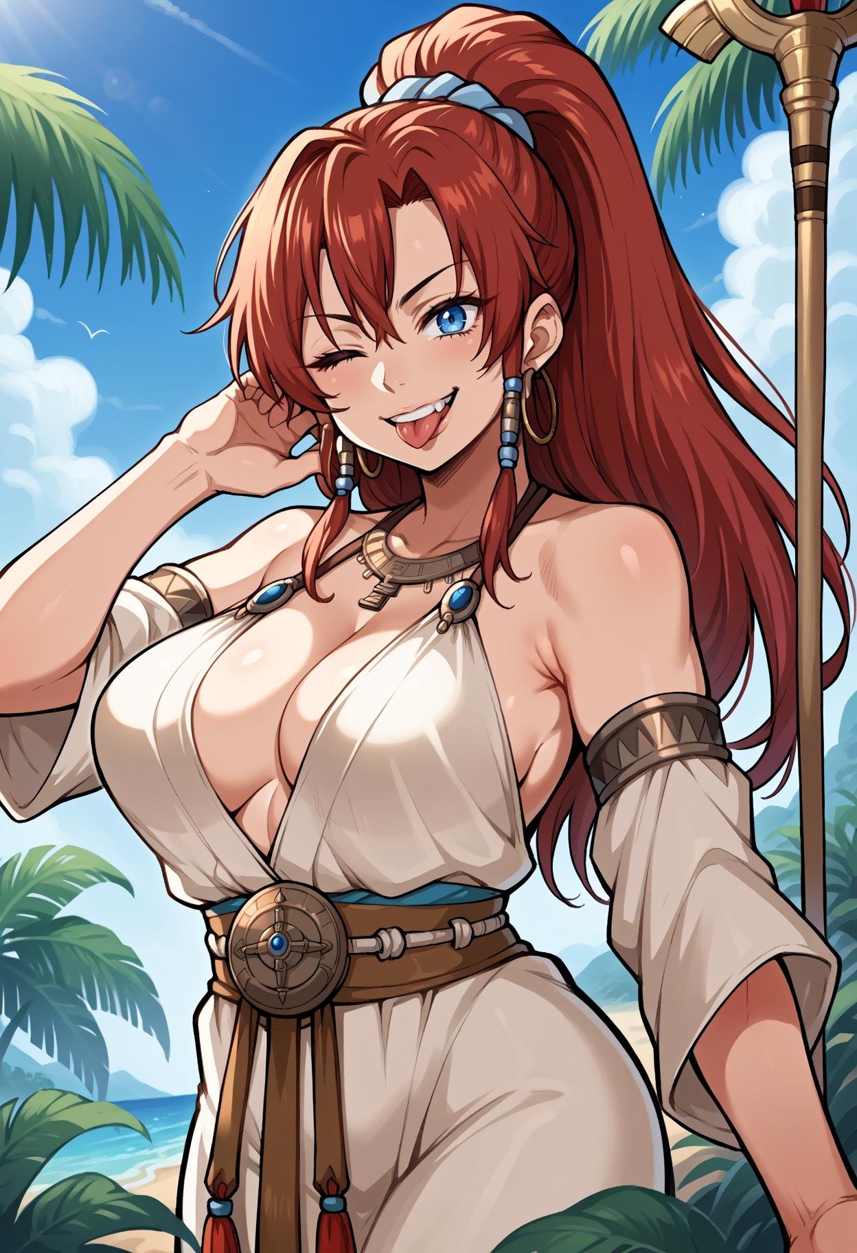 score_9, score_8_up,score_7_up, source_anime, 1girl, solo, bsng, large breasts, long hair, red hair, blue eyes, ponytail,jewelry, hoop earrings, armlet, blue scrunchie, hair beads,on a tropical island, seashore , outdoors,monastic robe, staff, meditation, scrolls, bald head,playful, winking, sticking out tongue, hand behind head, playful grin, cheerful eyes,<lora:bllws_pdxl_EliPot:1>