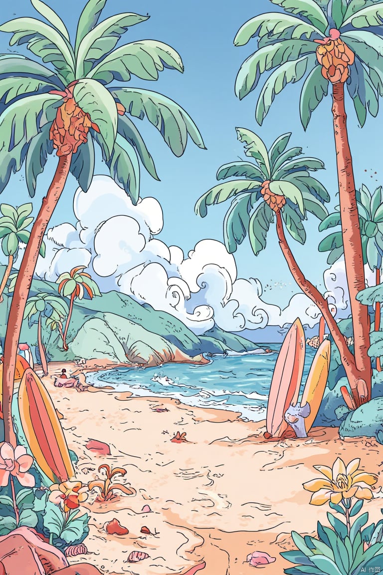 A vibrant cartoon-style tropical beach scene with a bright sunny sky. The beach is filled with tall palm trees swaying gently in the breeze, and colorful surfboards leaning against them. The sand is golden and sparkling, with gentle waves lapping at the shore. The composition is wide-angle, capturing the entire beach, with a playful, dynamic lighting that highlights the tropical atmosphere.