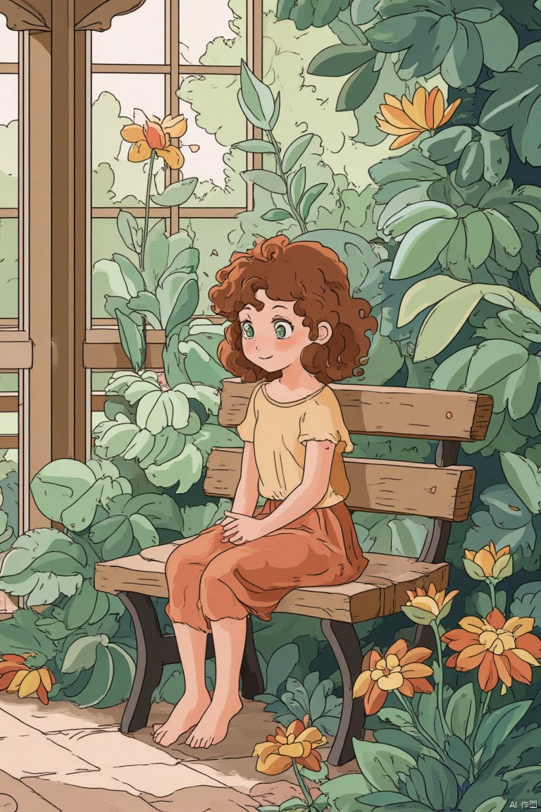 A young girl with curly brown hair and bright green eyes sits on a worn wooden bench, surrounded by lush foliage. Soft morning light casts a warm glow, highlighting her gentle smile as she gazes downward, hands clasped together in contemplation.,tangka