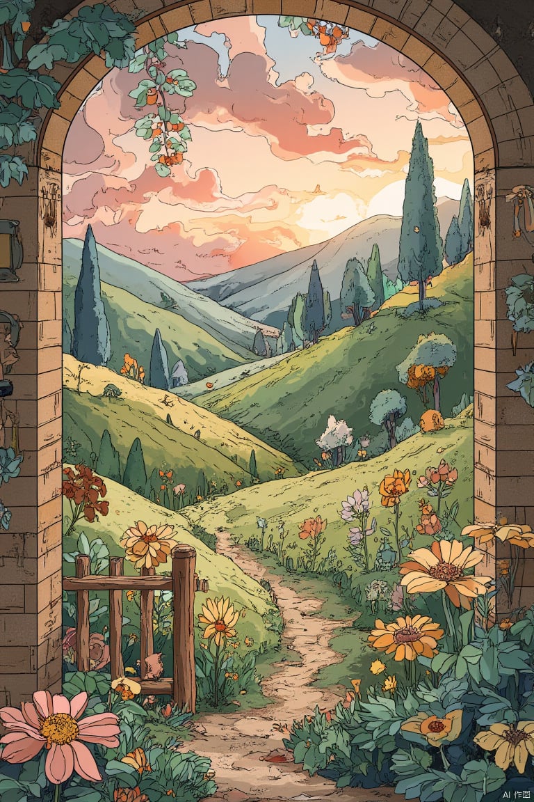 A serene meadow at sunset, framed by a gentle valley, bathed in warm golden light. Softly rolling hills stretch towards the horizon, where a sky ablaze with oranges and pinks meets the distant trees' silhouettes. The lush greenery is set against a backdrop of weathered stone and rustic wooden fencing, creating a peaceful ambiance.