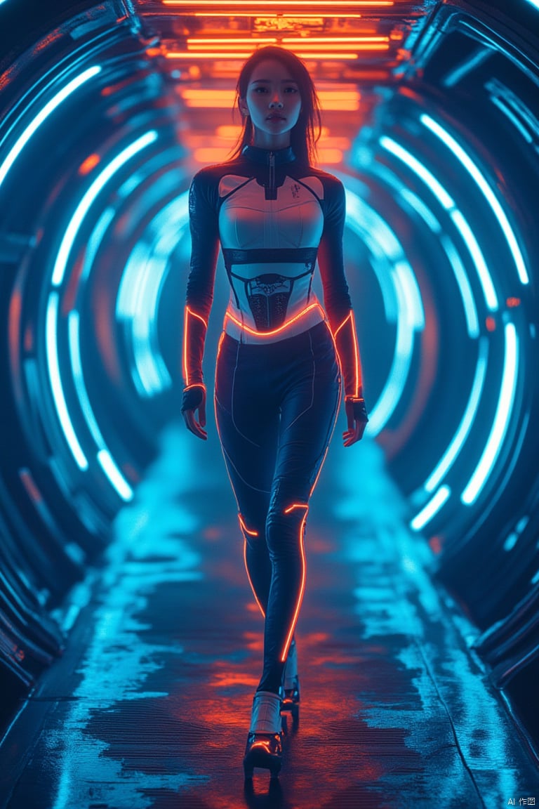 A laser channel in a sci-fi tunnel with a futuristic fashion model standing confidently. She is dressed in avant-garde attire, blending high-tech materials with bold, geometric patterns. The tunnel is illuminated by neon lights and dynamic laser beams, casting a vibrant glow on her outfit. The model's pose is striking, with one hand on her hip and the other extended, capturing the essence of futuristic style. The composition is dynamic, with the tunnel framing her in a way that emphasizes the intersection of technology and fashion.