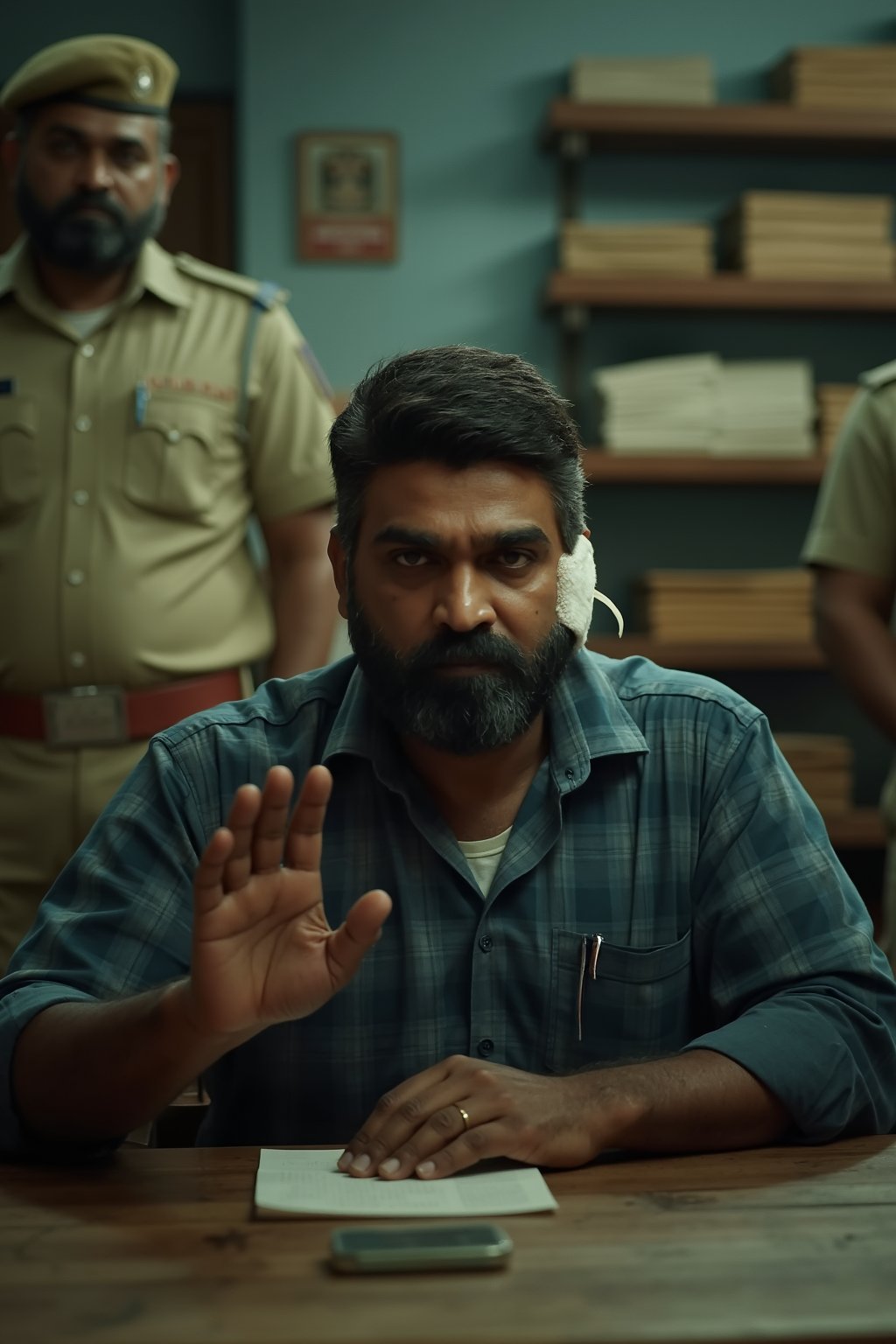 A dimly lit interrogation room featuring a vjsmaharaja sitting at a rustic wooden table, his hand raised in a gesture suggesting he is making a point. The foreground shows details of his shirt, a checkered pattern in shades of blue and gray, with a bandage wrapped his one ear, indicating a recent injury. In the background, blurred figures of police officers in khaki uniforms are visible, creating a sense of tension and urgency. The walls are painted in muted tones, with shelves lined with stacked papers and files, hinting at a busy investigative environment. The lighting is soft, casting shadows that enhance the dramatic atmosphere, emphasizing the emotional intensity of the scene. Capture in a hyperrealistic style with an emphasis on texture and depth, highlighting the contrast between the vjsmaharaja in focus and the blurred background.