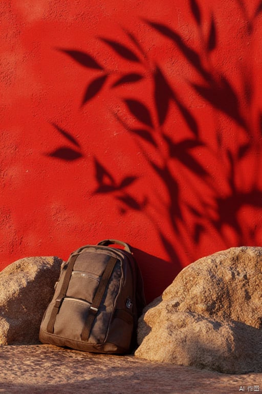 Product rendering, A dark-colored backpack resting on a rocky surface, with red wallpaper featuring shadowed plant silhouettes in the background.