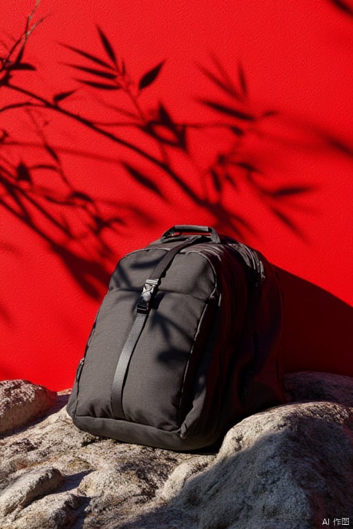 Product rendering, A dark-colored backpack resting on a rocky surface, with red wallpaper featuring shadowed plant silhouettes in the background.